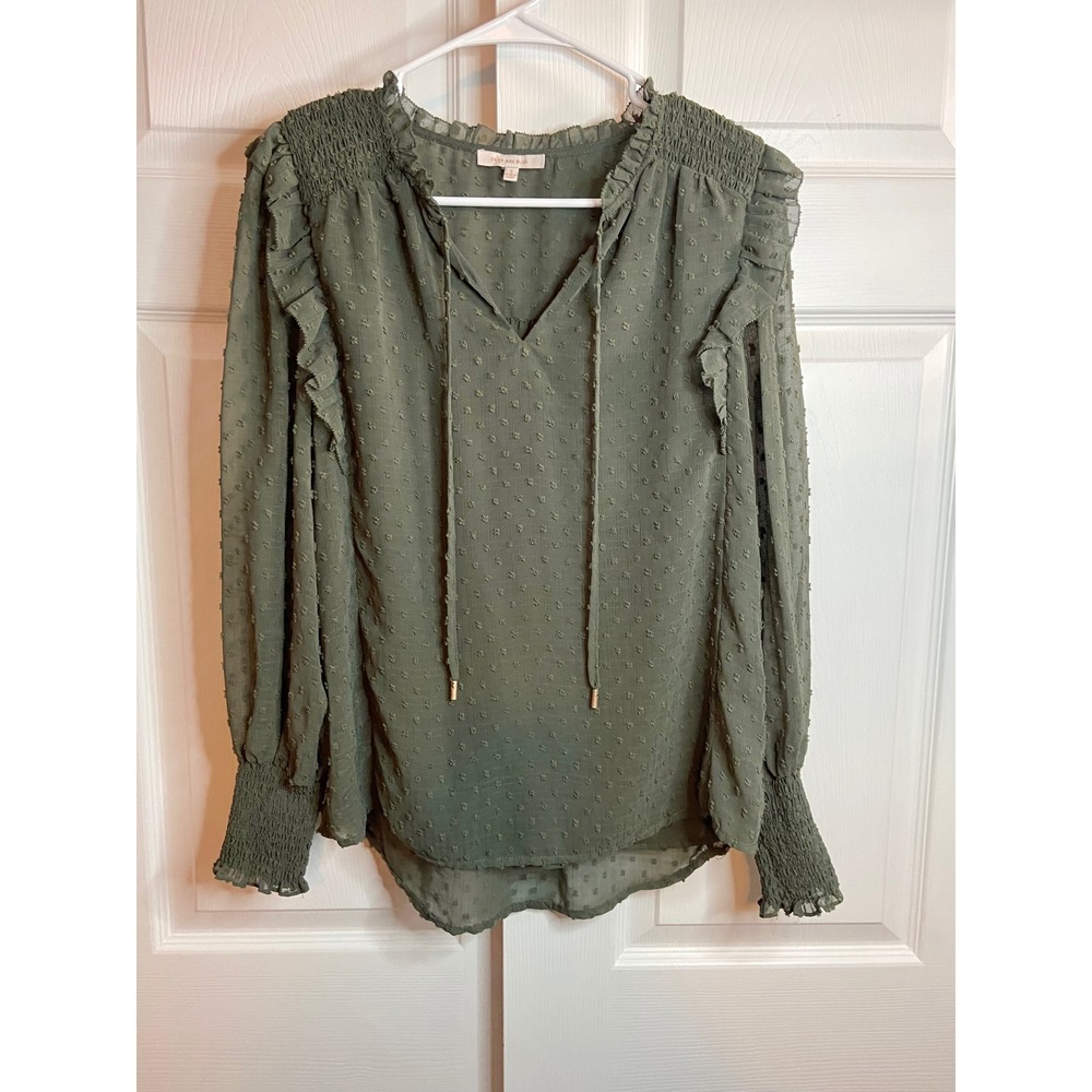 Skies Are Blue Olive Green Swiss Dot Ruffle Smocked Blouse V-Neck Top Small